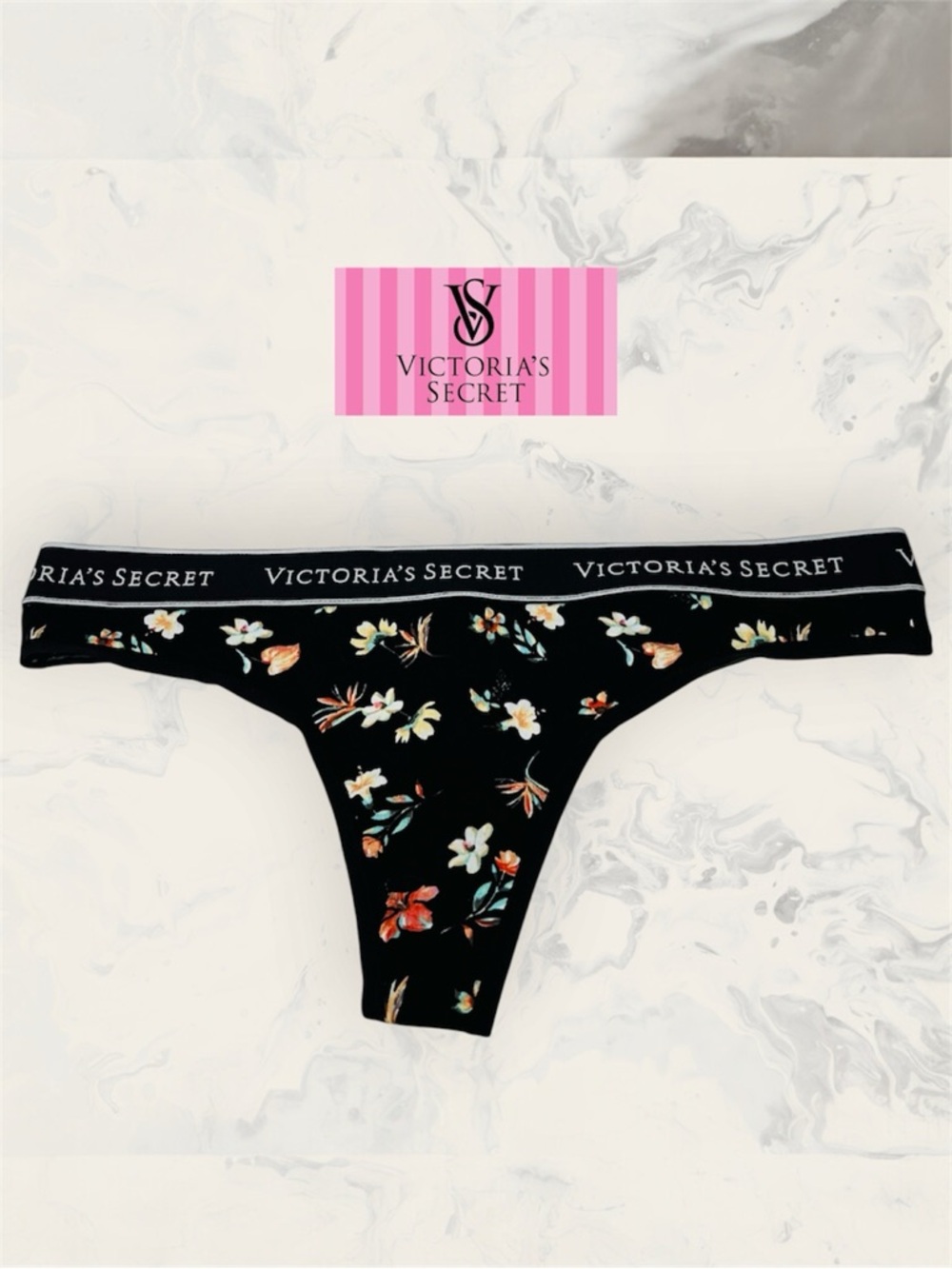 Victoria's Secret Women Size M Black Floral Logo Thong/String